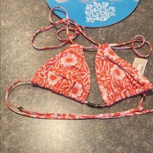 Floral Triangle Bikini Top - Coral Pink Print Beaded Halter Style